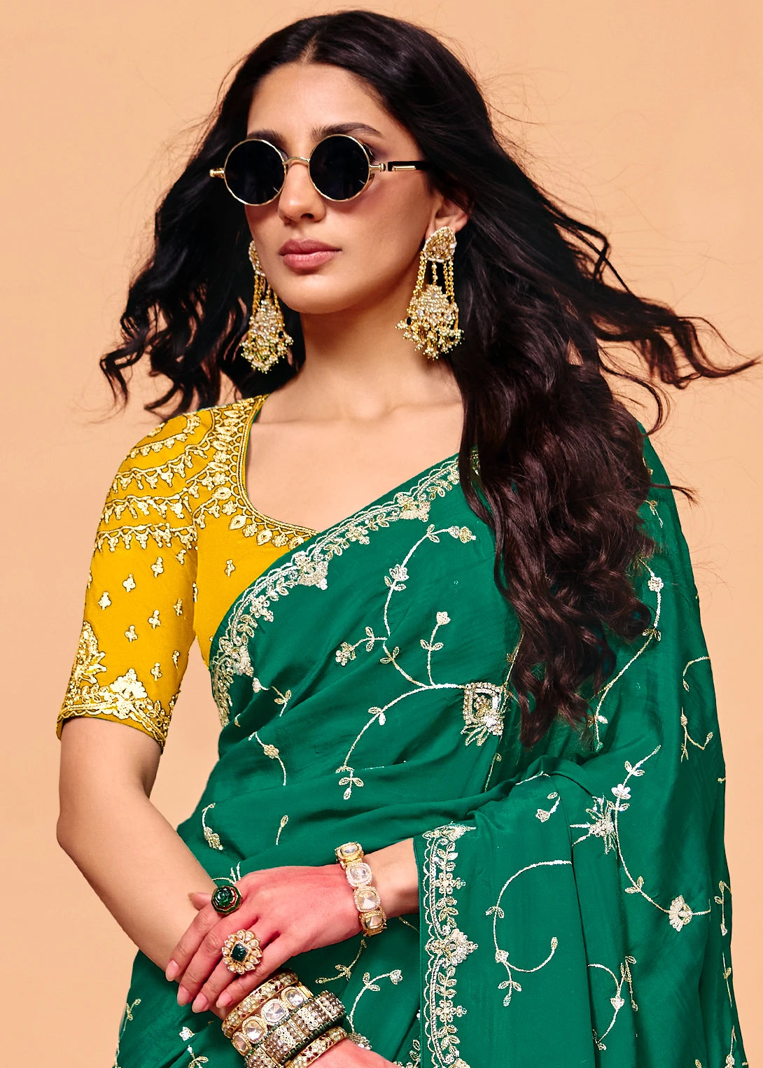 Emerald Green Crepe Silk Sequins Embroidery Saree With Yellow Blouse