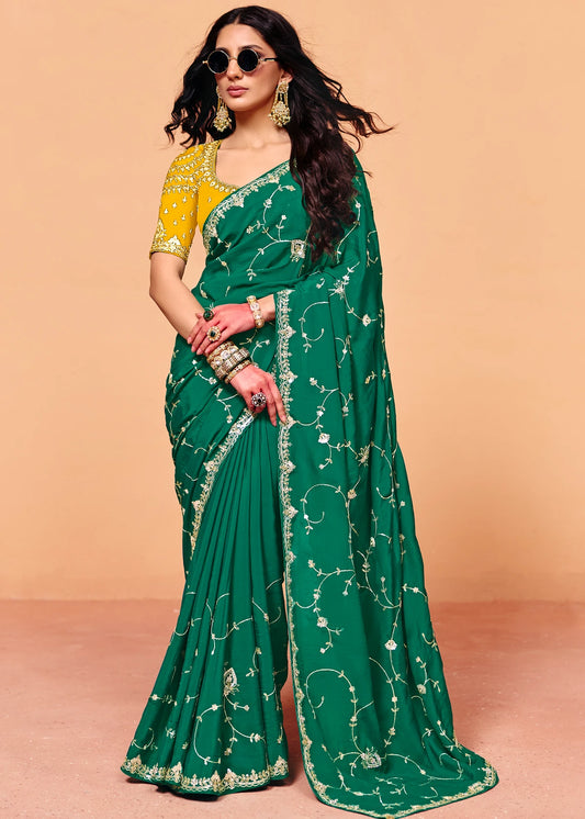 Emerald Green Crepe Silk Sequins Embroidery Saree With Yellow Blouse