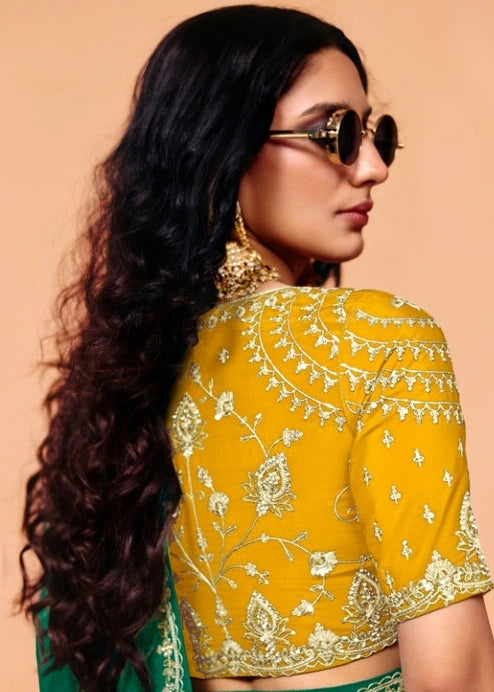 Emerald Green Crepe Silk Sequins Embroidery Saree With Yellow Blouse