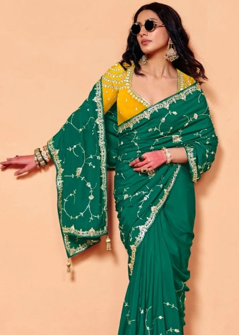 Emerald Green Crepe Silk Sequins Embroidery Saree With Yellow Blouse