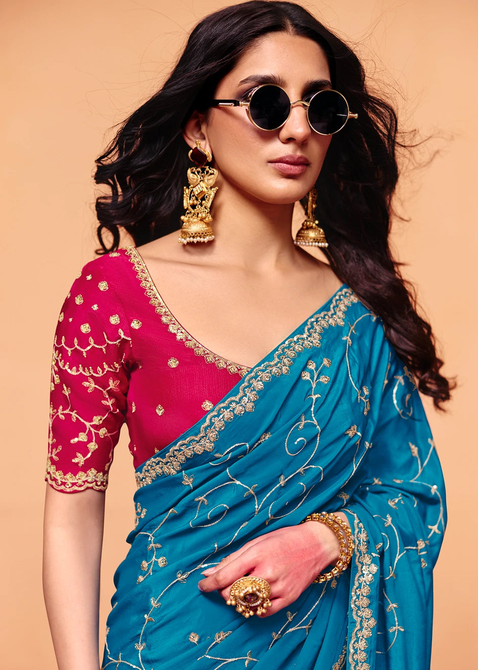 Sapphire Blue Crepe Silk Sequins Embroidery Saree With Red Blouse