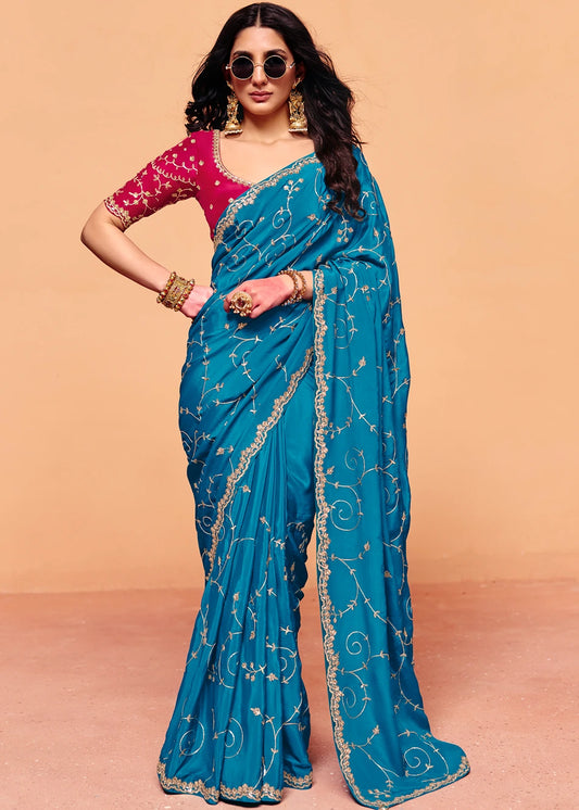 Sapphire Blue Crepe Silk Sequins Embroidery Saree With Red Blouse