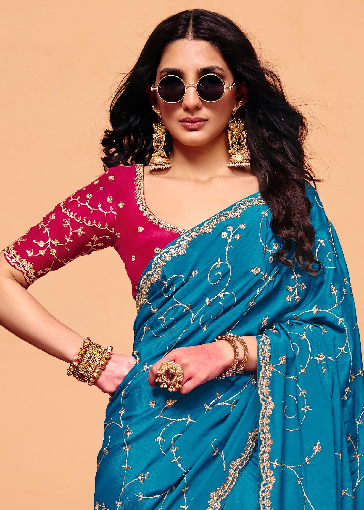 Sapphire Blue Crepe Silk Sequins Embroidery Saree With Red Blouse
