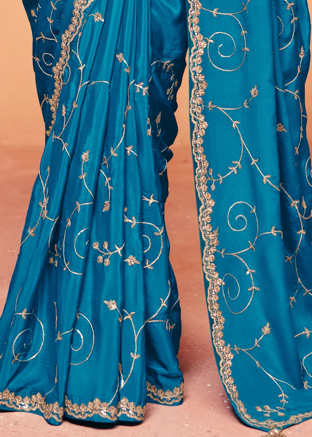 Sapphire Blue Crepe Silk Sequins Embroidery Saree With Red Blouse