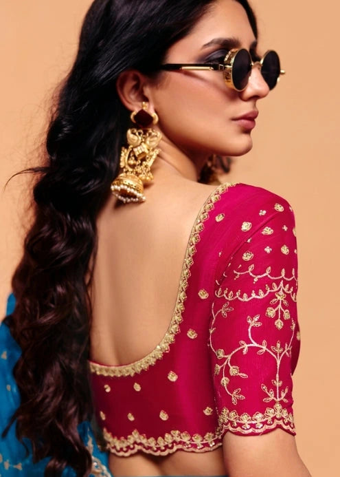 Sapphire Blue Crepe Silk Sequins Embroidery Saree With Red Blouse