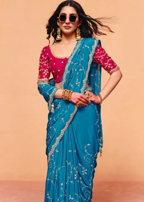 Sapphire Blue Crepe Silk Sequins Embroidery Saree With Red Blouse