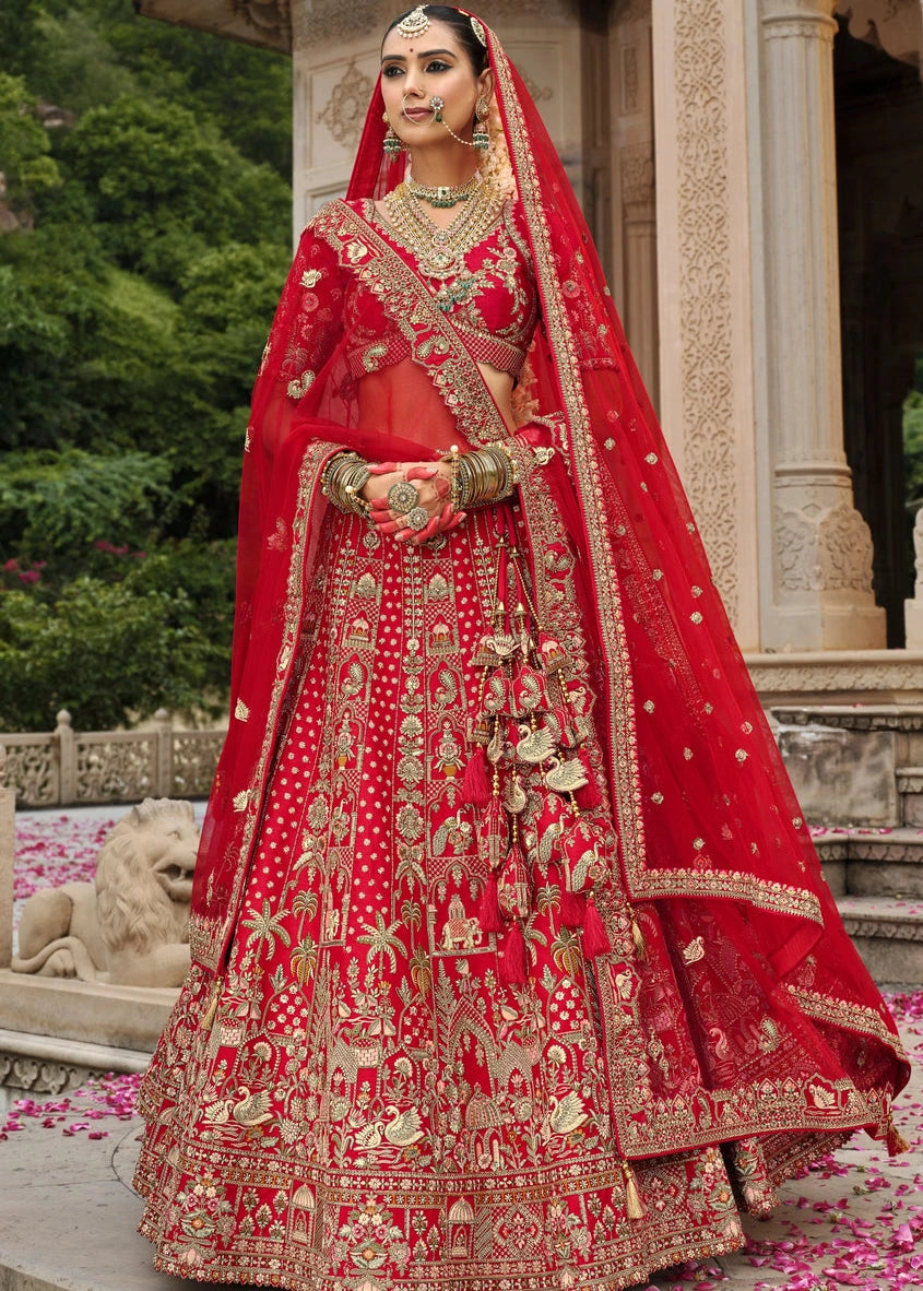 Pure Silk Red Bridal Lehenga Choli with Zari Work