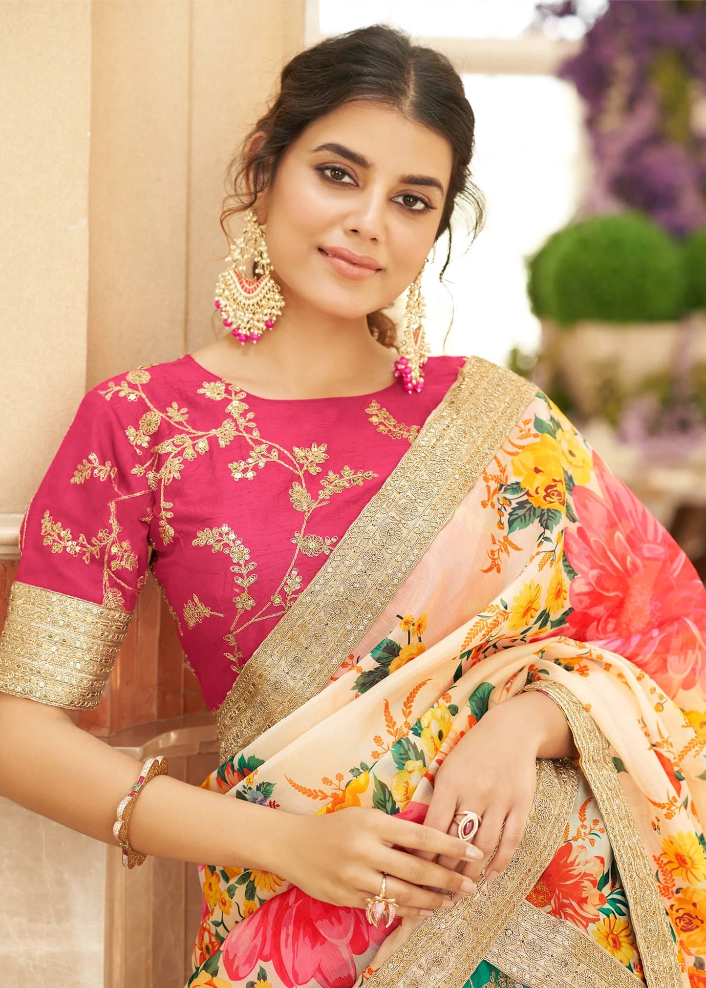 Green Lehenga With Pink Choli & Floral Organza Dupatta