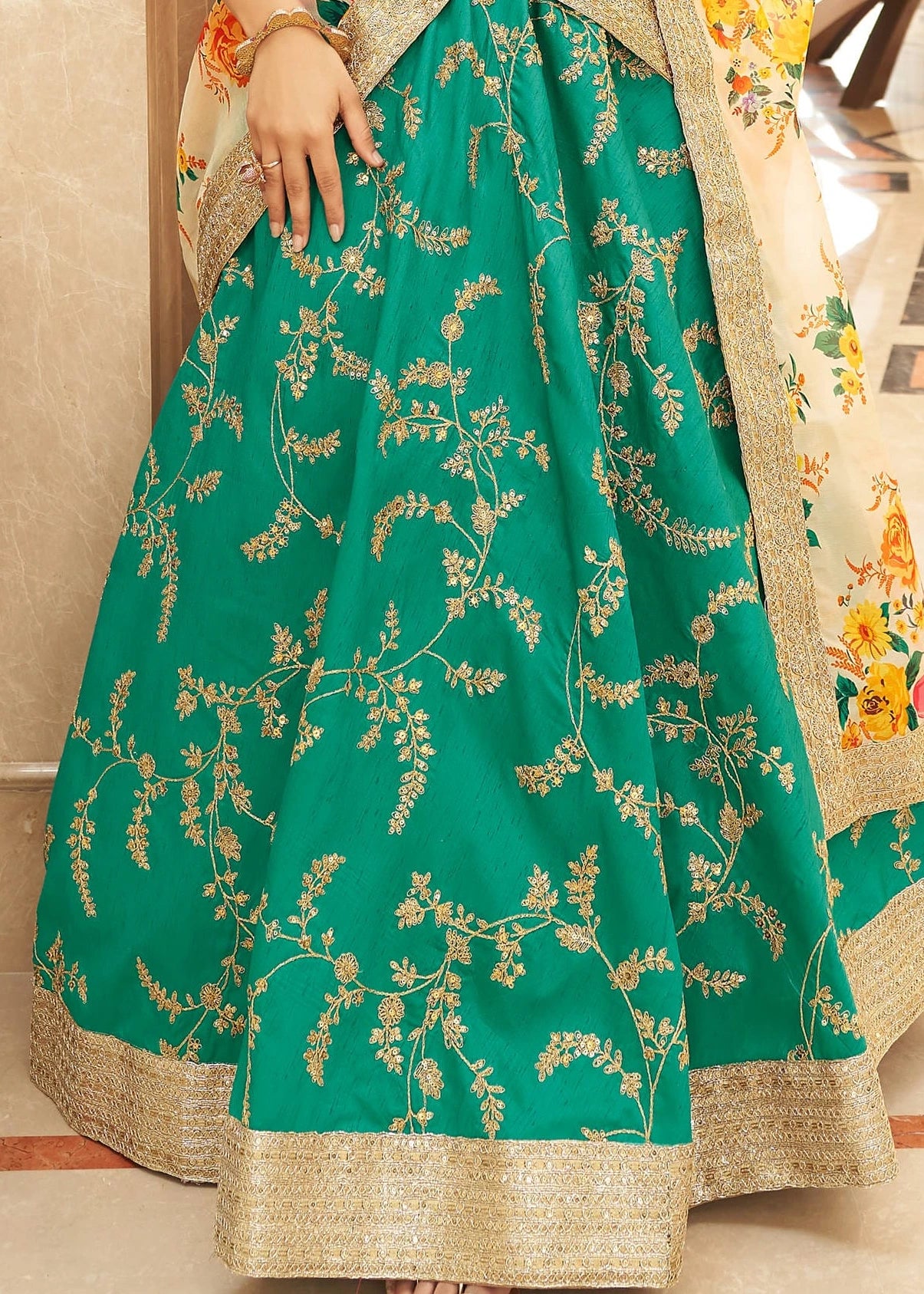 Green Lehenga With Pink Choli & Floral Organza Dupatta