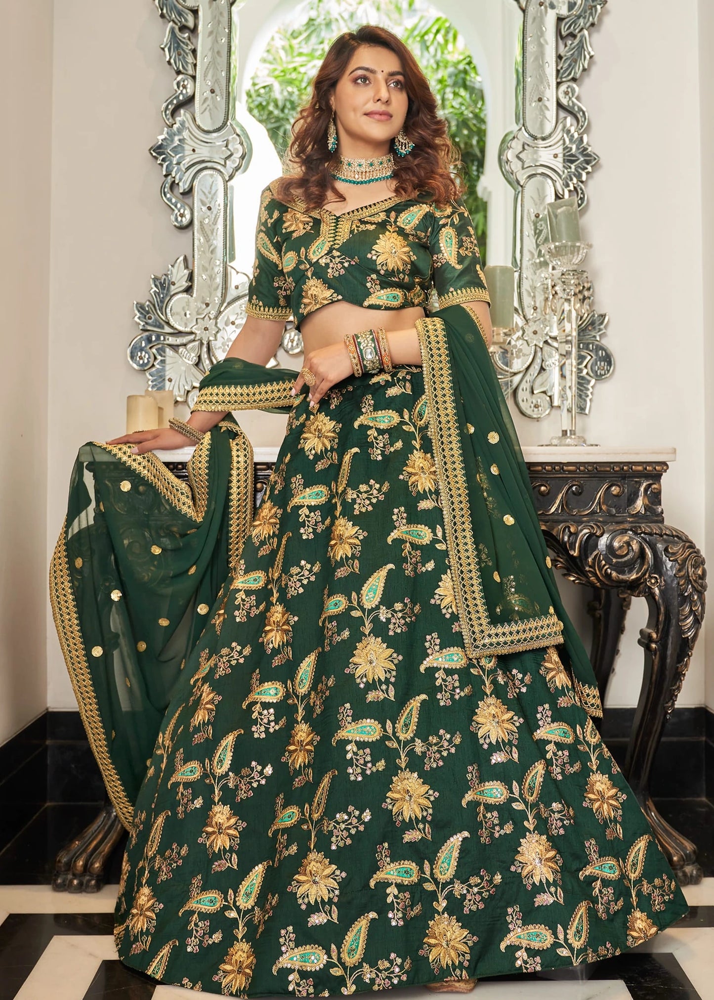 Dark Green Silk Lehenga Choli With Georgette Dupatta