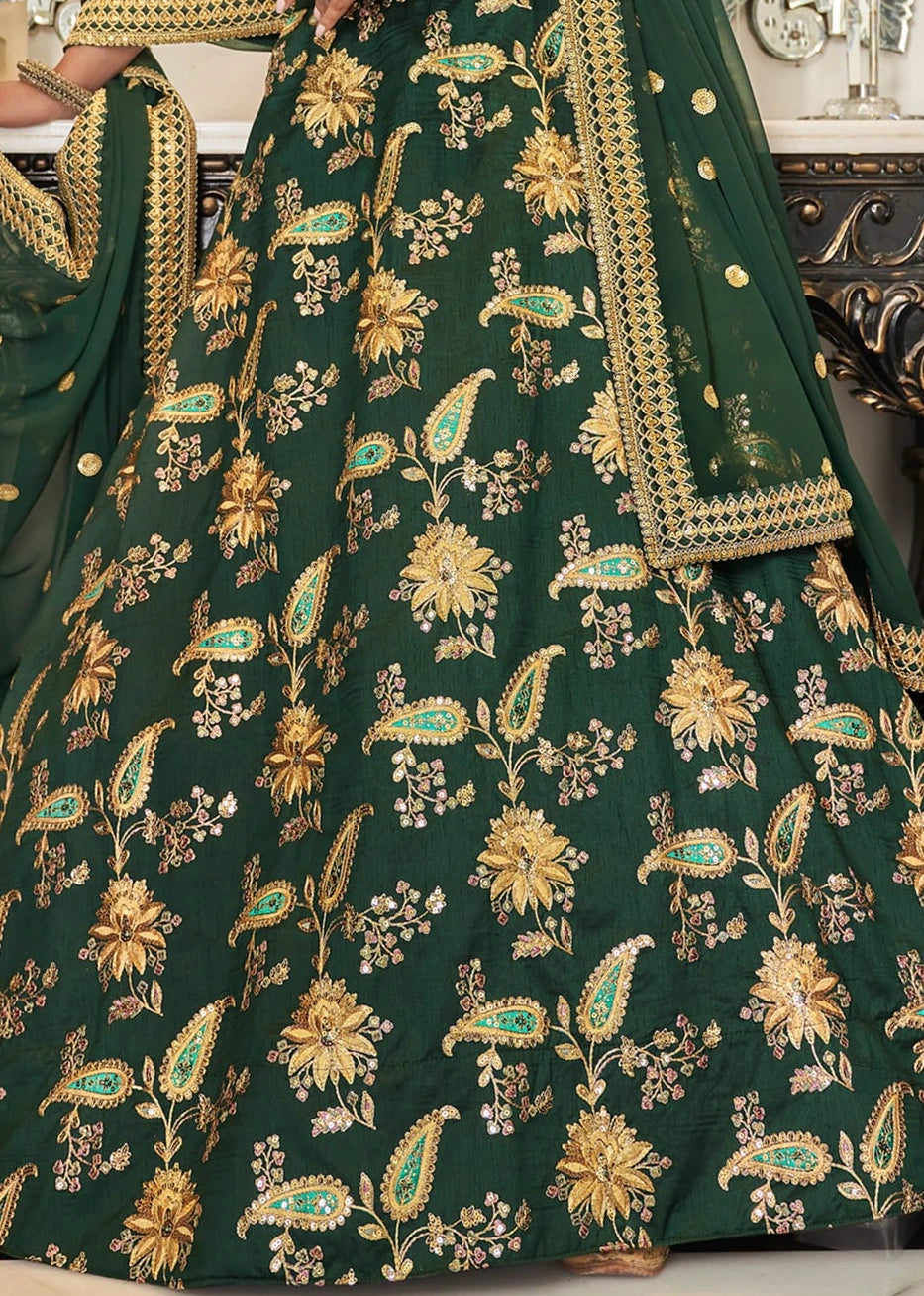 Dark Green Silk Lehenga Choli With Georgette Dupatta