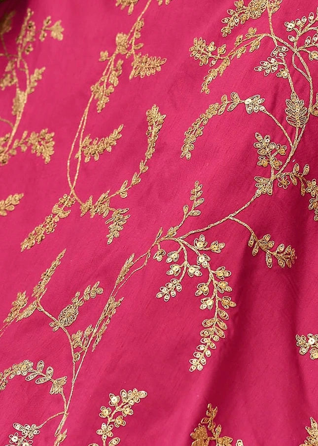 Pink Silk Lehenga With Green Choli & Yellow Floral Organza Dupatta