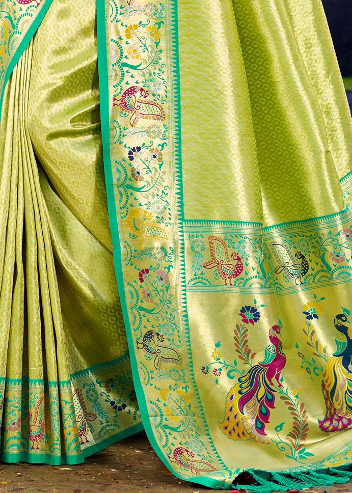 Parrot Green Paithani Silk Saree With Peacock Motifs