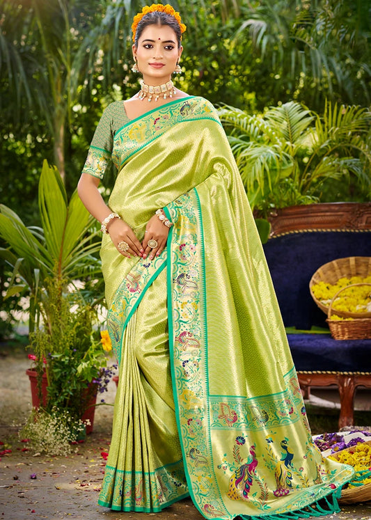 Parrot Green Paithani Silk Saree With Peacock Motifs