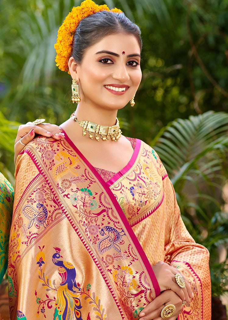 Rose Peach Paithani Silk Saree With Peacock Motifs