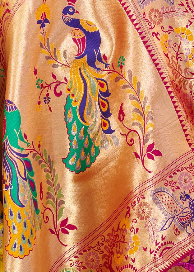 Rose Peach Paithani Silk Saree With Peacock Motifs