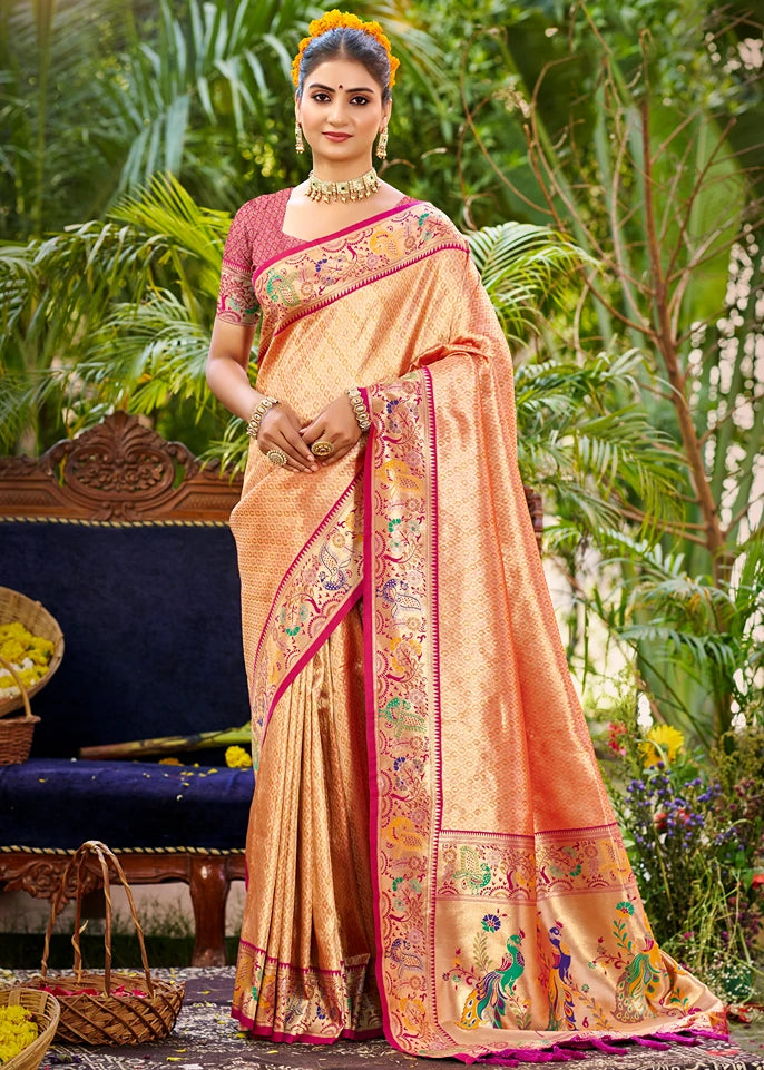 Rose Peach Paithani Silk Saree With Peacock Motifs