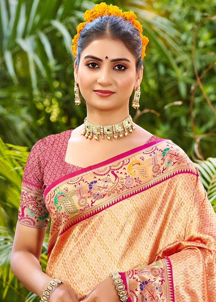 Rose Peach Paithani Silk Saree With Peacock Motifs