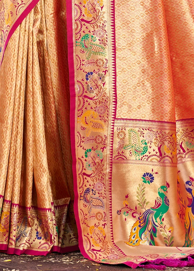 Rose Peach Paithani Silk Saree With Peacock Motifs