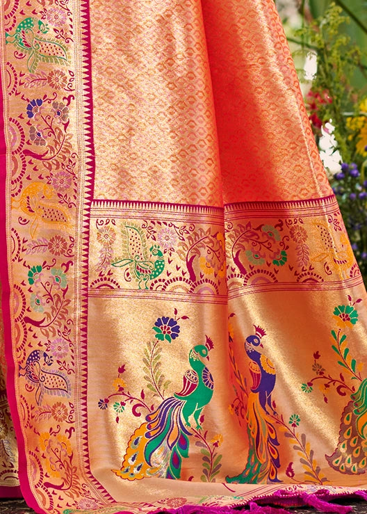 Rose Peach Paithani Silk Saree With Peacock Motifs