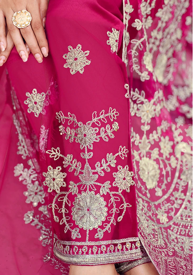 Designer Rani Pink Anarkali Suit With Pant, Skirt & Dupatta
