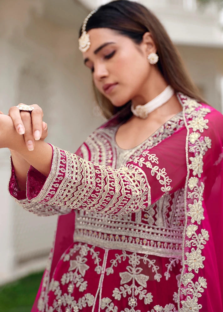 Designer Rani Pink Anarkali Suit With Pant, Skirt & Dupatta