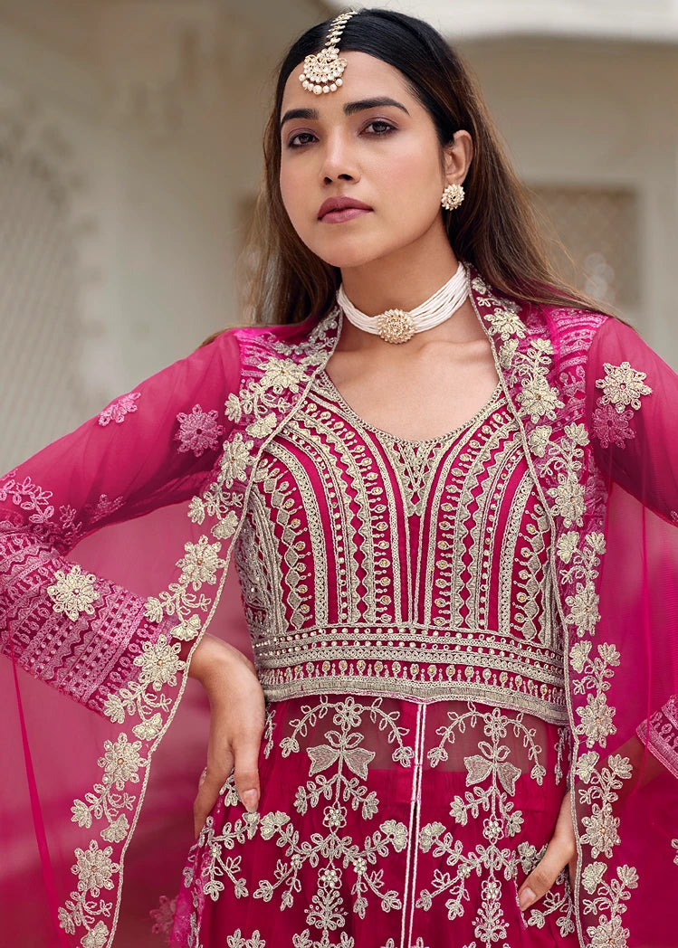 Designer Rani Pink Anarkali Suit With Pant, Skirt & Dupatta