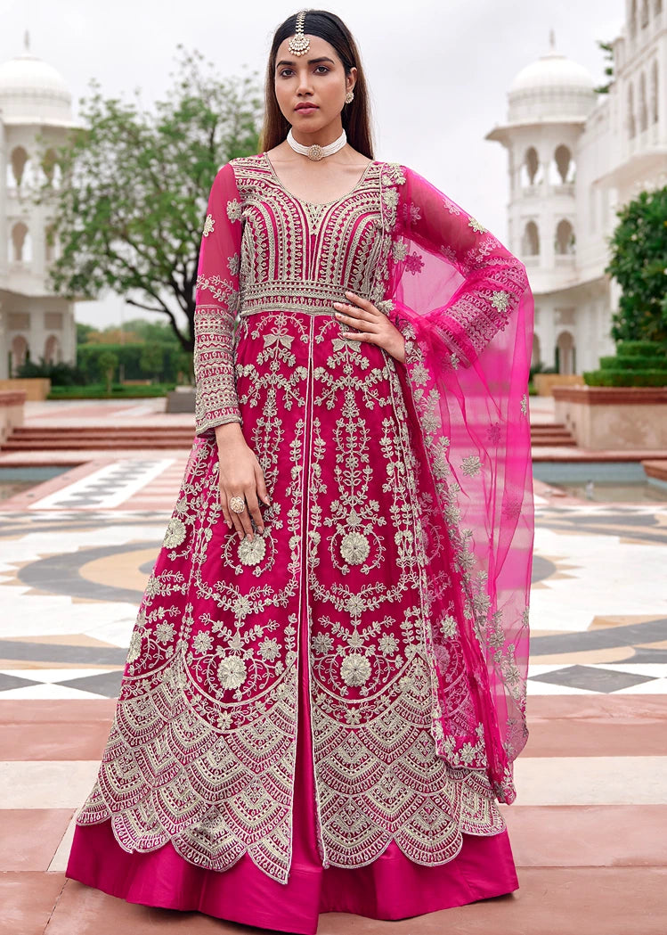 Designer Rani Pink Anarkali Suit With Pant, Skirt & Dupatta