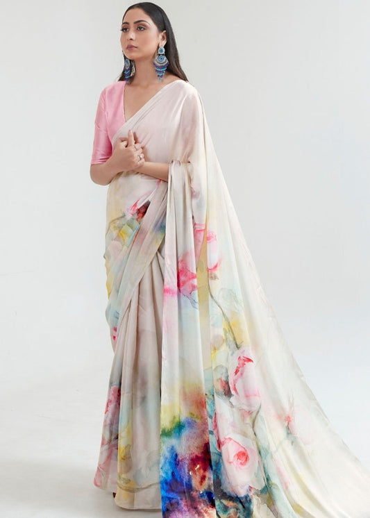 Pure Satin Silk White Floral Printed Saree & Powder Pink Blouse