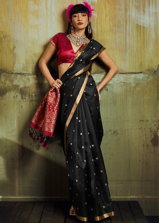 Pure Handloom Weaving Soft Banarasi Silk Black Saree & Red Blouse