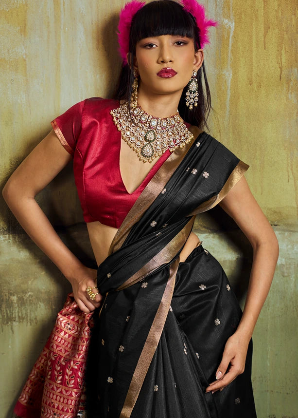 Pure Handloom Weaving Soft Banarasi Silk Black Saree & Red Blouse