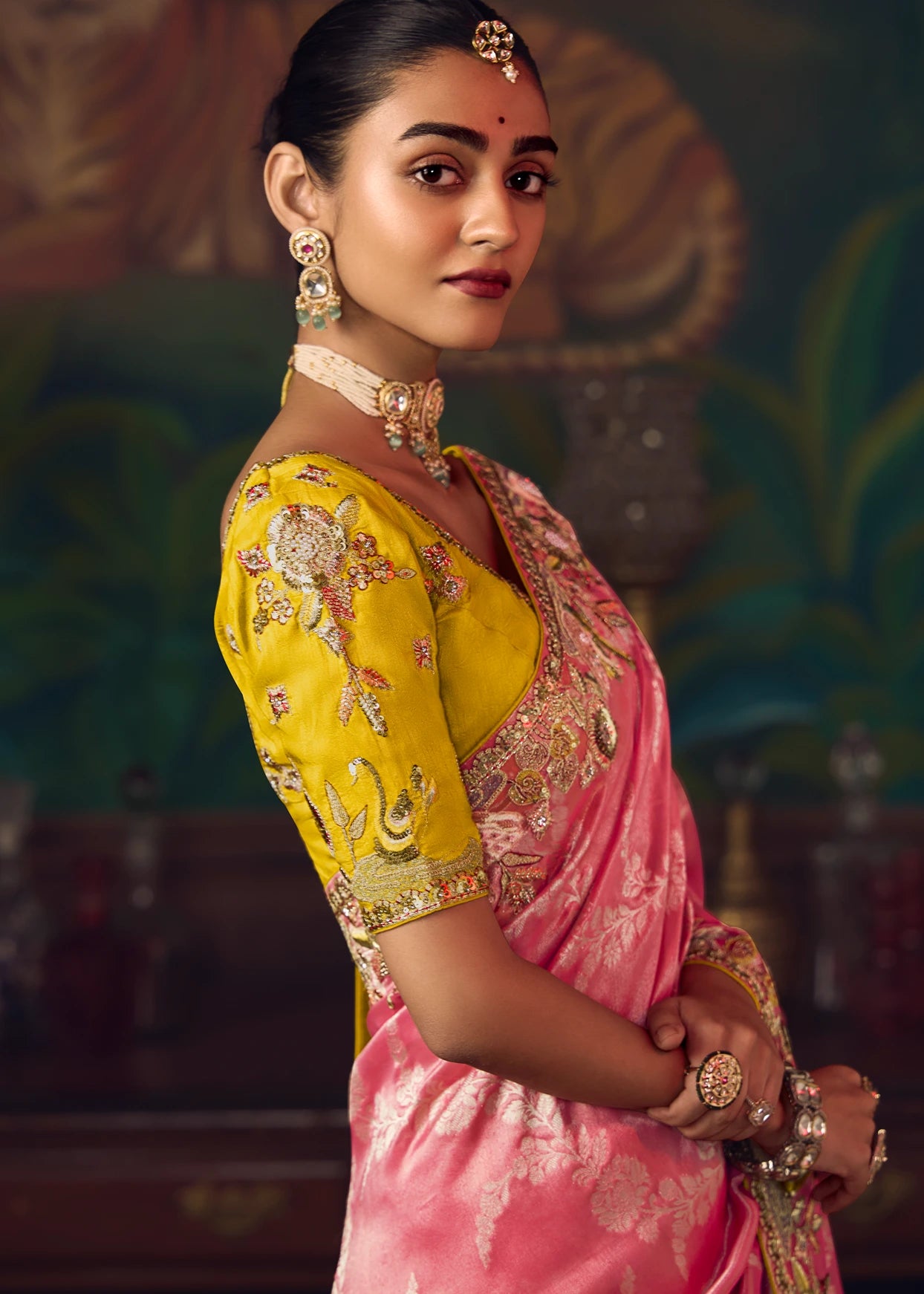 Designer Rose Pink Silk Embroidered Bridal Saree & Yellow Blouse