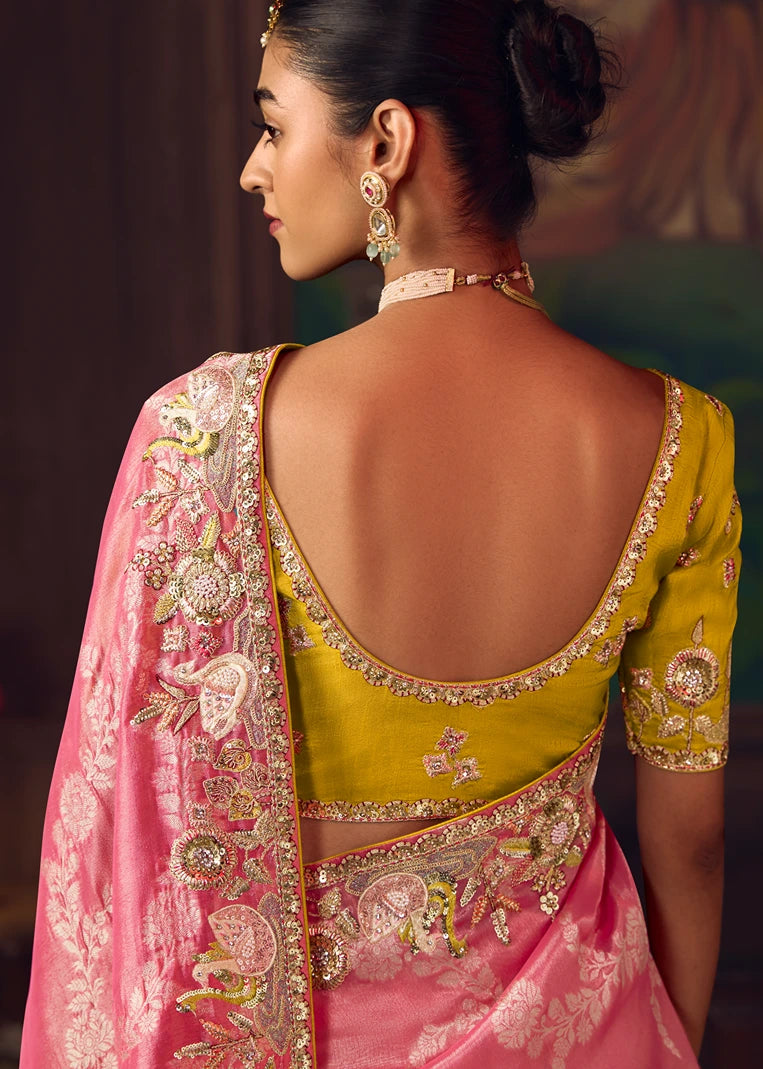 Designer Rose Pink Silk Embroidered Bridal Saree & Yellow Blouse