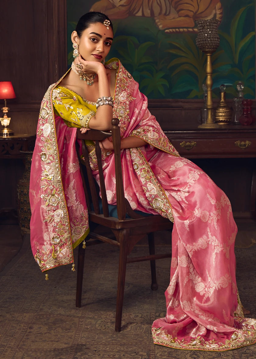 Designer Rose Pink Silk Embroidered Bridal Saree & Yellow Blouse
