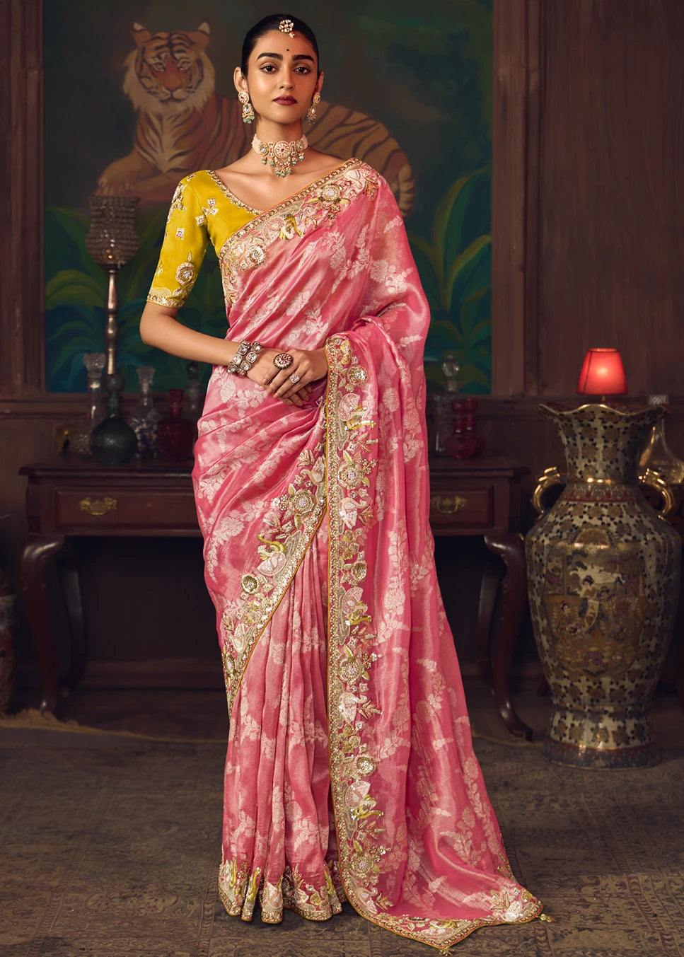 Designer Rose Pink Silk Embroidered Bridal Saree & Yellow Blouse