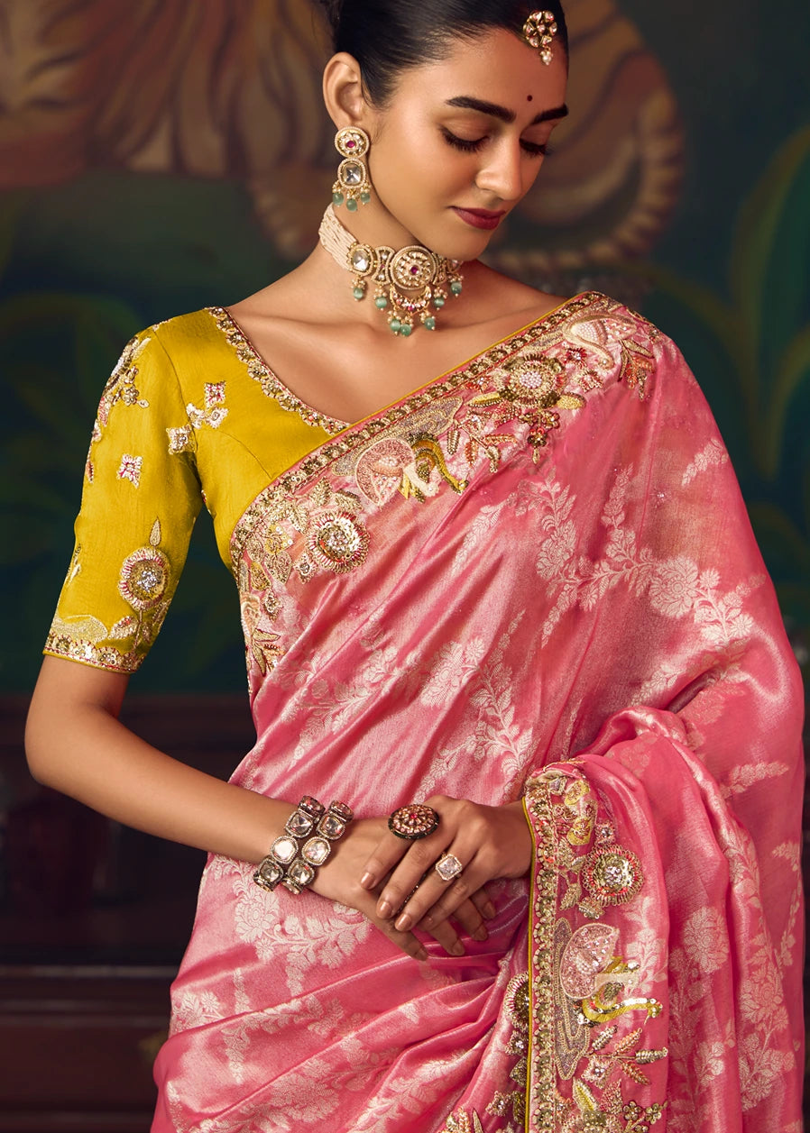 Designer Rose Pink Silk Embroidered Bridal Saree & Yellow Blouse