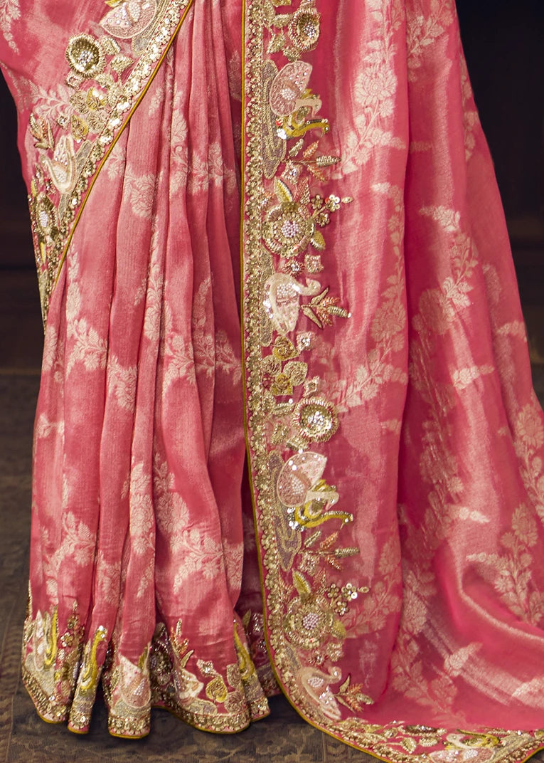 Designer Rose Pink Silk Embroidered Bridal Saree & Yellow Blouse