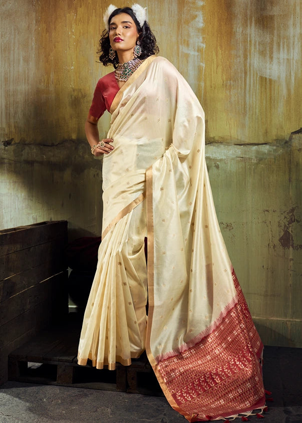 Pure Handloom Weaving Soft Banarasi Silk Off White Saree & Red Blouse