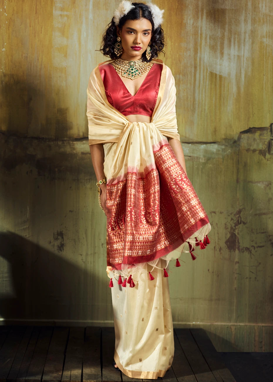 Pure Handloom Weaving Soft Banarasi Silk Off White Saree & Red Blouse