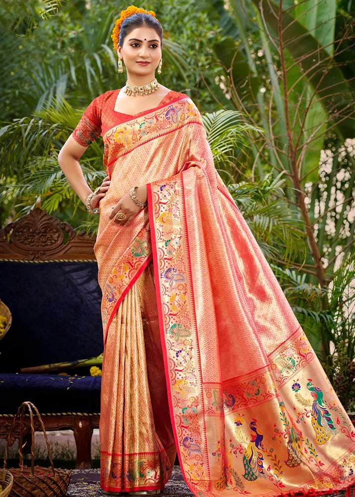 Tangerine Peach Paithani Silk Saree With Peacock Motifs