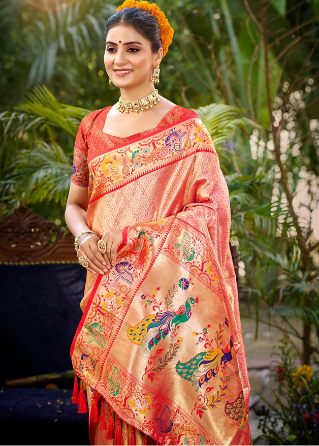 Tangerine Peach Paithani Silk Saree With Peacock Motifs