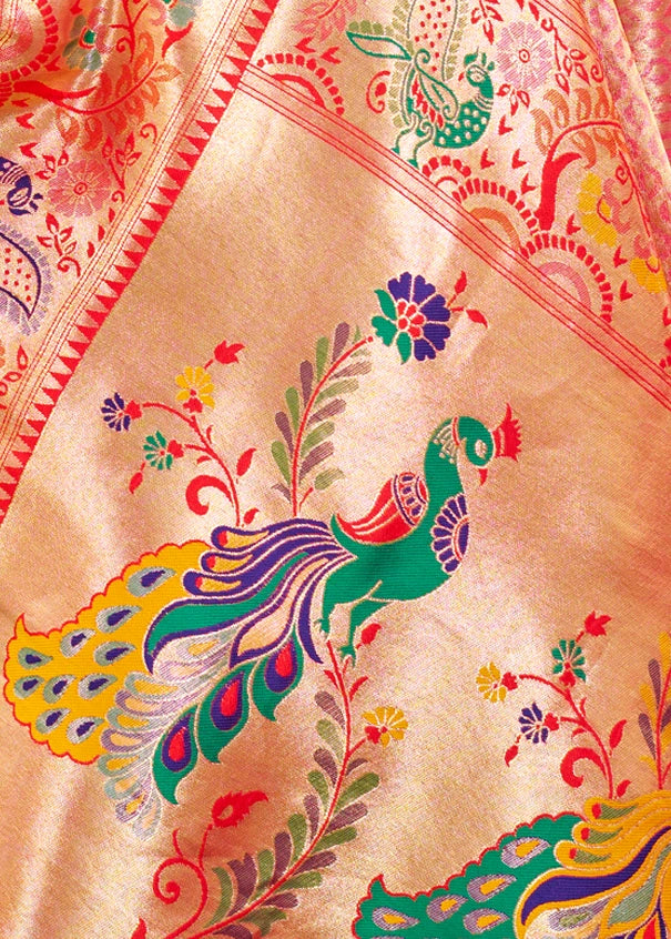 Tangerine Peach Paithani Silk Saree With Peacock Motifs