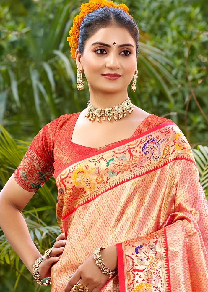 Tangerine Peach Paithani Silk Saree With Peacock Motifs