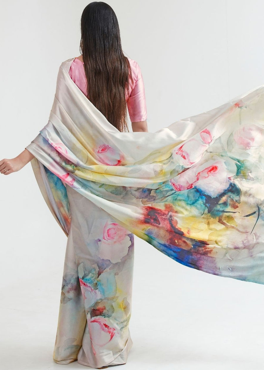 Pure Satin Silk White Floral Printed Saree & Powder Pink Blouse