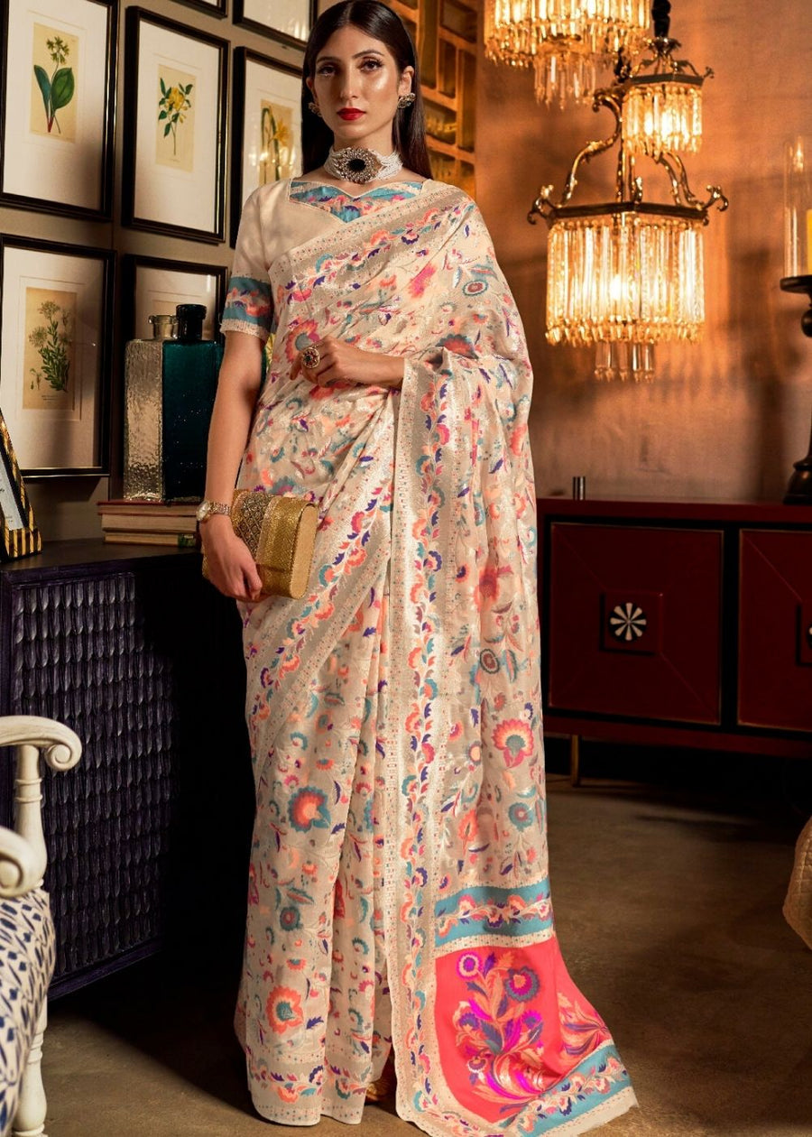 Kashmiri Jamawar Silk Off White Handloom Pashmina Saree