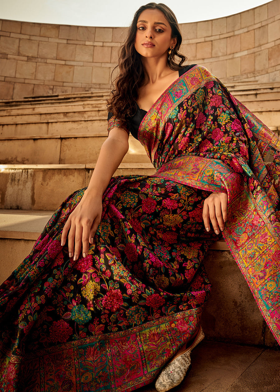 Pure Kashmiri Silk Handloom Weaving Jet Black Saree