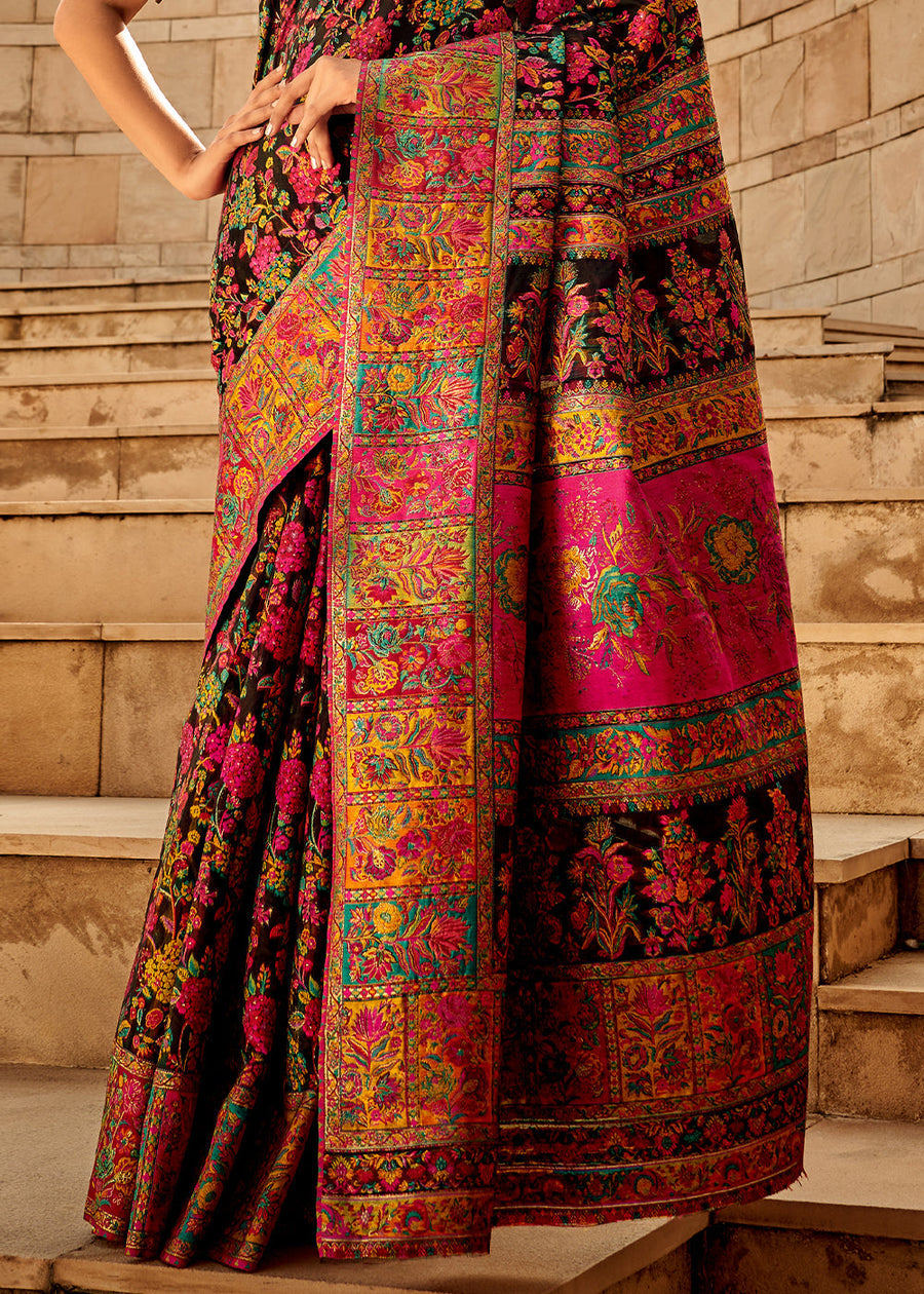 Pure Kashmiri Silk Handloom Weaving Jet Black Saree