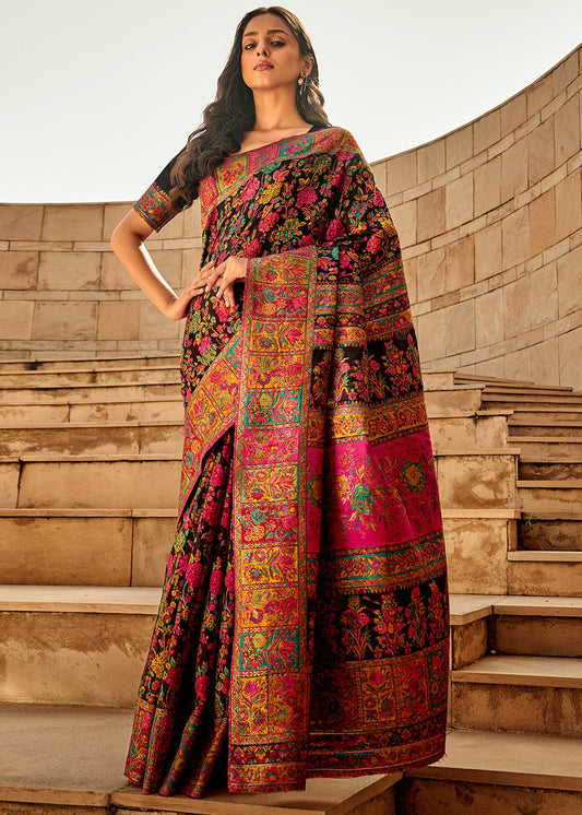 Pure Kashmiri Silk Handloom Weaving Jet Black Saree