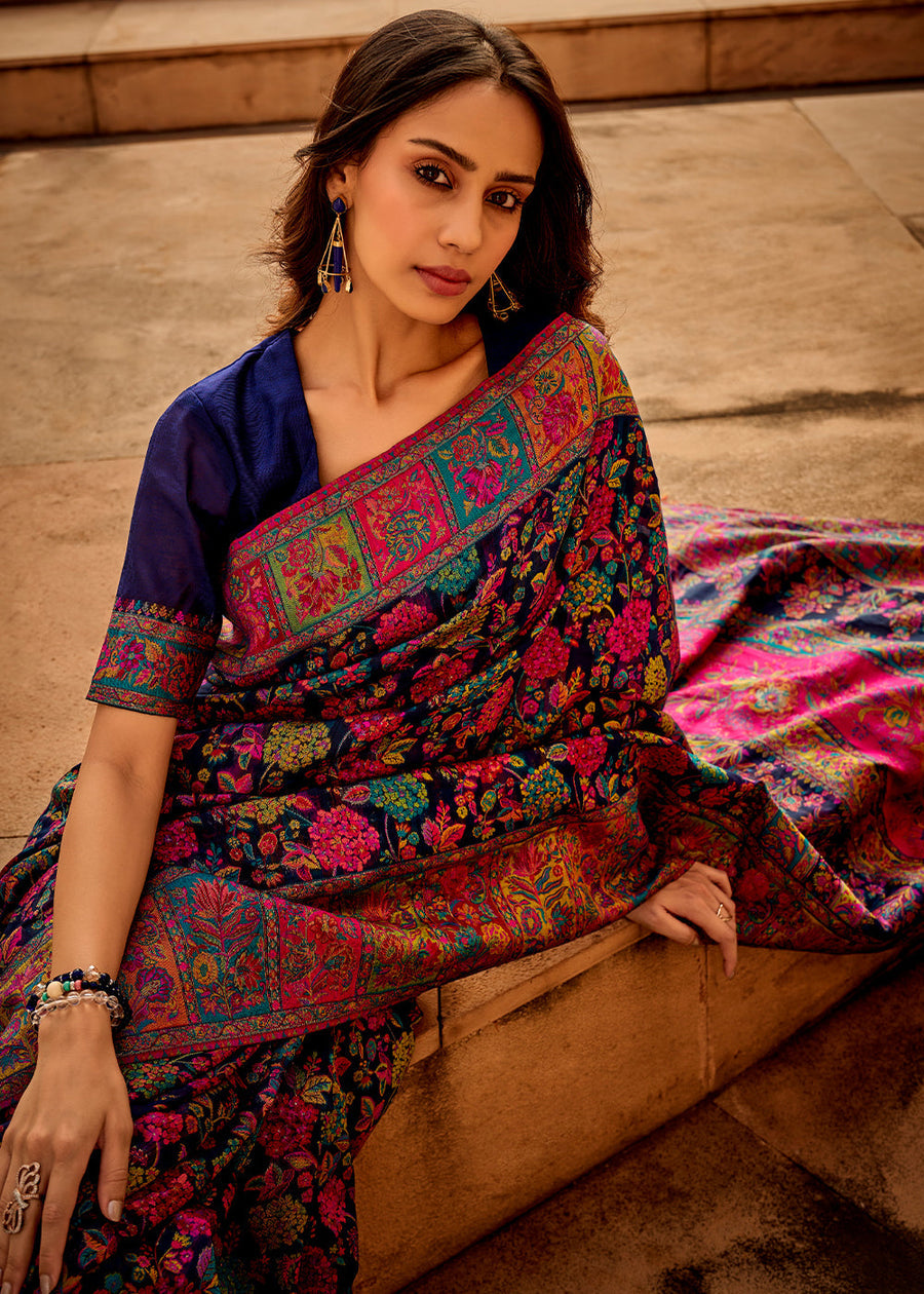 Pure Kashmiri Silk Handloom Weaving Navy Blue Saree