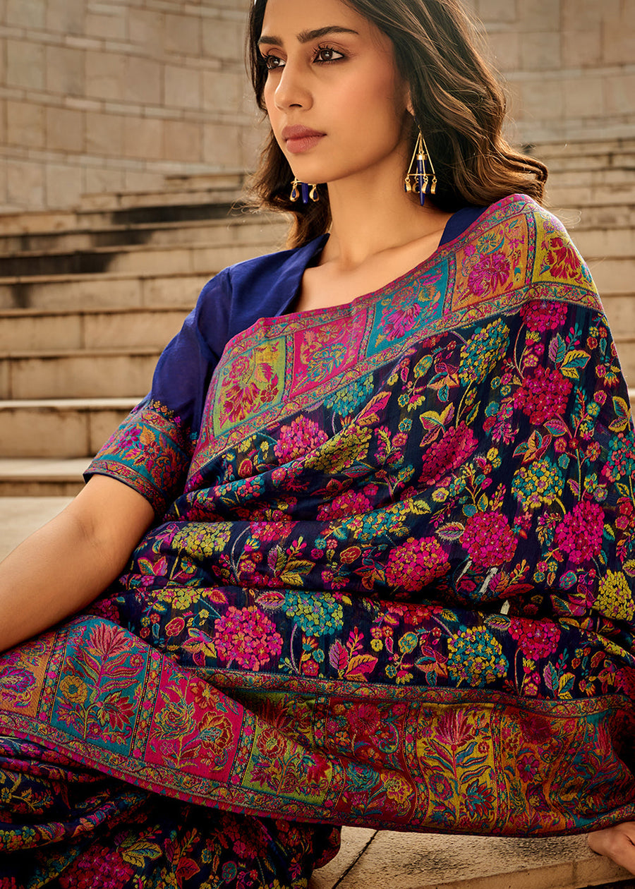 Pure Kashmiri Silk Handloom Weaving Navy Blue Saree